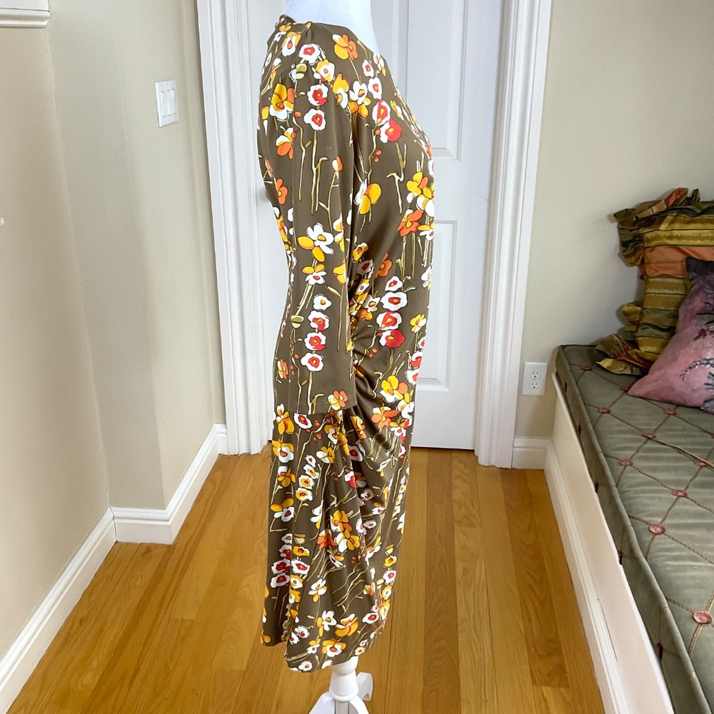 J. McLaughlin Dress Jersey Knit Brown Yellow Floral (L) - Picture 3 of 8